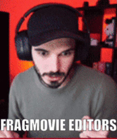 A Man Wearing Headphones And A Hat Says " Fragmovie Editors " On The Bottom GIF
