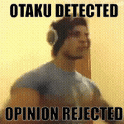 A Man Wearing Headphones And A Hat With The Words Otaku Detected Opinion Rejected On It . GIF