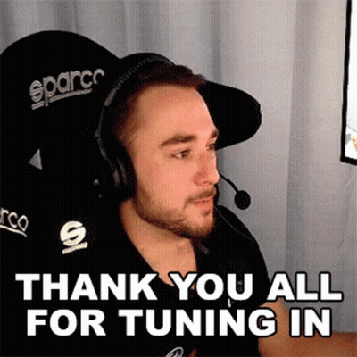 A Man Wearing Headphones And A Hat With The Words Thank You All For Tuning In Below Him GIF