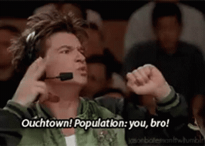 A Man Wearing Headphones And A Microphone Is Talking To A Crowd And Says ' Ouchtown Population You Bro ' GIF