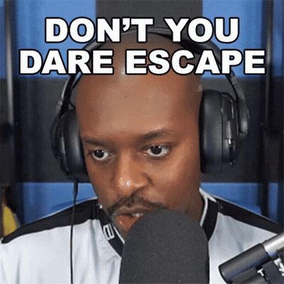 A Man Wearing Headphones And A Microphone Says " Don 'T You Dare Escape " GIF