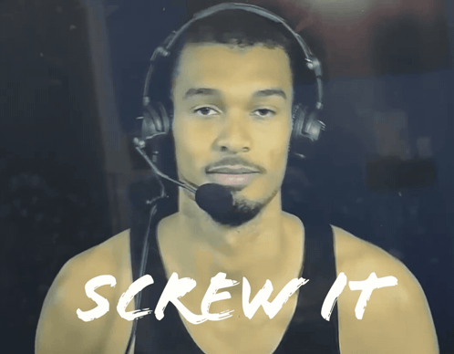 A Man Wearing Headphones And A Microphone With The Words Screw It Below Him GIF
