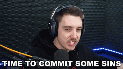A Man Wearing Headphones And A Microphone With The Words Time To Commit Some Sins Above Him GIF
