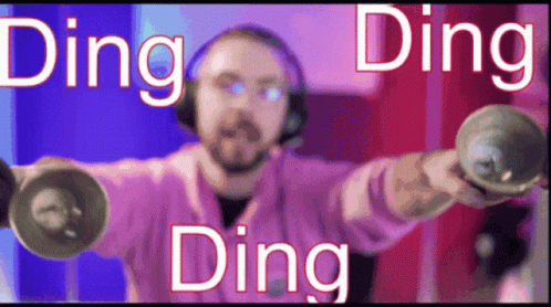 A Man Wearing Headphones And A Pink Shirt Is Holding Dumbbells And Says Ding Ding Ding Ding GIF