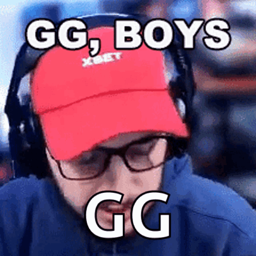 A Man Wearing Headphones And A Red Hat With The Words Gg Boys Gg On It GIF