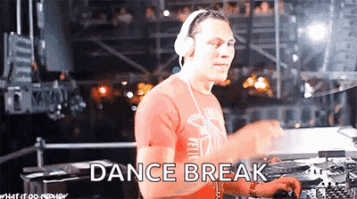 A Man Wearing Headphones And A Red Shirt Is Playing A Dj Set And The Words Dance Break Are On The Screen . GIF