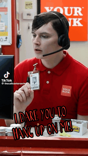 A Man Wearing Headphones And A Red Shirt That Says Your Bank GIF