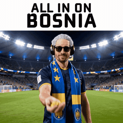 A Man Wearing Headphones And A Scarf Stands In Front Of A Soccer Field With The Words All In On Bosnia Above Him GIF