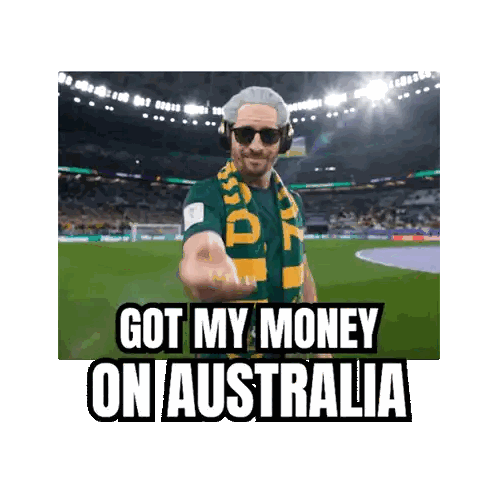 A Man Wearing Headphones And A Scarf With The Words Got My Money On Australia Sticker