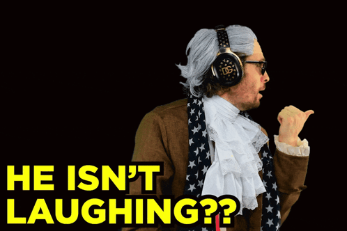 A Man Wearing Headphones And A Scarf With The Words He Isn 'T Laughing GIF