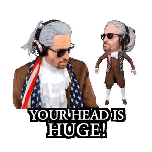 A Man Wearing Headphones And A Scarf With The Words " Your Head Is Huge " Below Him Sticker