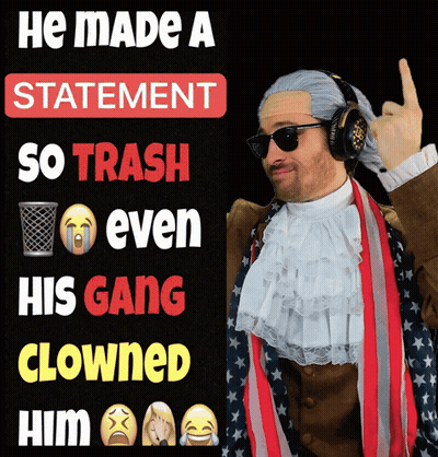 A Man Wearing Headphones And An American Flag Costume Says He Made A Statement So Trash Even His Gang Clowns Him GIF