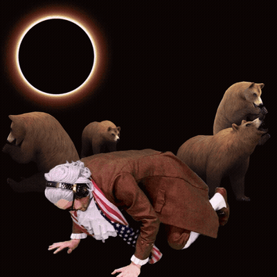 A Man Wearing Headphones And An American Flag Scarf Is Surrounded By Bears In Front Of A Eclipse GIF