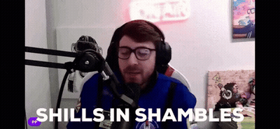 A Man Wearing Headphones And Glasses Is Sitting In Front Of A Microphone With The Words " Shills In Shambles " Above Him GIF