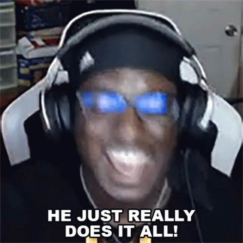 A Man Wearing Headphones And Glasses With The Words He Just Really Does It All GIF