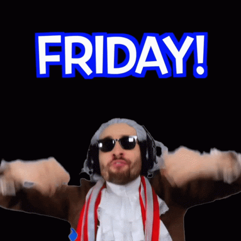 A Man Wearing Headphones And Sunglasses Is Dancing In Front Of A Black Background That Says Friday GIF
