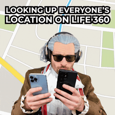 A Man Wearing Headphones And Sunglasses Is Looking Up Everyone 'S Location On Life 360 On A Map GIF