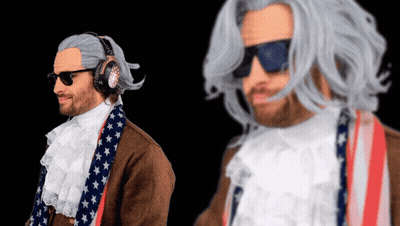 A Man Wearing Headphones And Sunglasses Is Standing In Front Of A Black Screen GIF