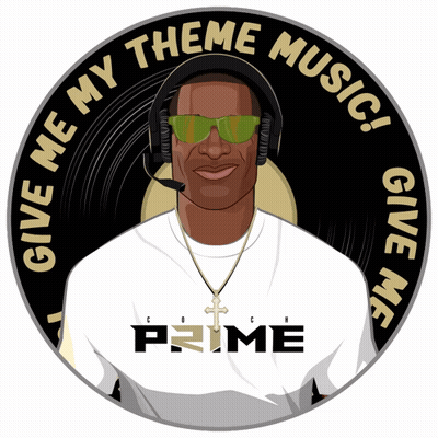A Man Wearing Headphones And Sunglasses Is Surrounded By The Words " Give Me My Theme Music " GIF