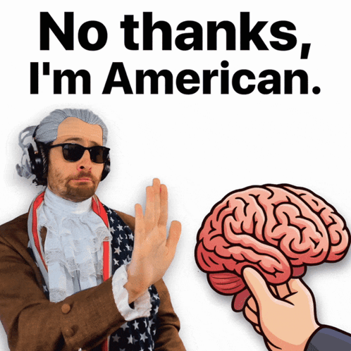 A Man Wearing Headphones And Sunglasses Says " No Thanks I 'M American " GIF