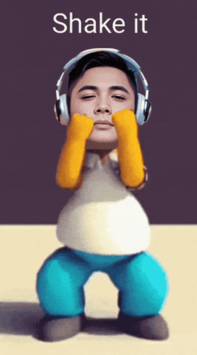 A Man Wearing Headphones And Yellow Gloves Is Dancing With The Words Shake It Above Him GIF