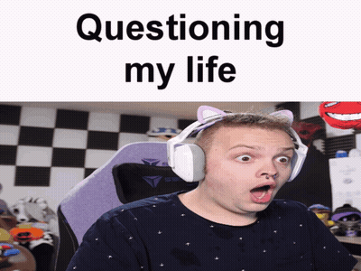 A Man Wearing Headphones Has A Surprised Look On His Face And The Words Questioning My Life Above Him GIF