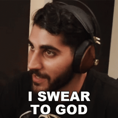 A Man Wearing Headphones Has The Words I Swear To God On His Face GIF