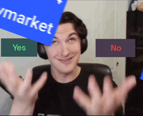 A Man Wearing Headphones Holds Up His Hands In Front Of A Sign That Says Yes Or No GIF
