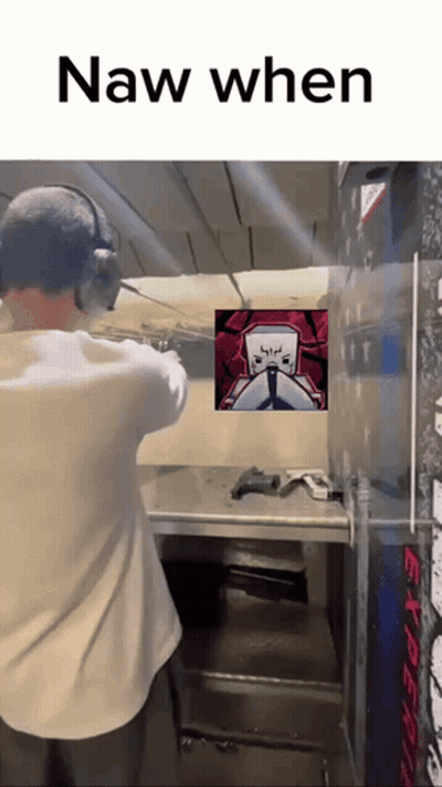a man wearing headphones is aiming a gun at a picture with the words naw when below him .