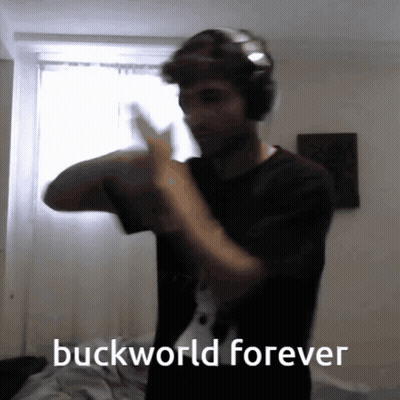 A Man Wearing Headphones Is Dancing With The Words Buckworld Forever Behind Him GIF
