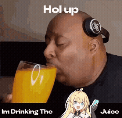 A Man Wearing Headphones Is Drinking A Glass Of Juice GIF