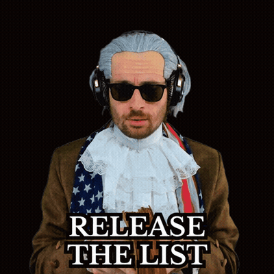 A Man Wearing Headphones Is Holding A Book With The Words " Release The List " On The Bottom GIF
