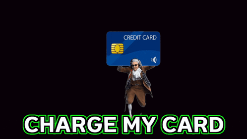 A Man Wearing Headphones Is Holding A Credit Card With The Words Charge My Card Below It GIF