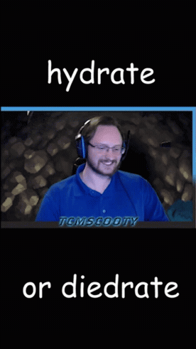 A Man Wearing Headphones Is Holding A Glass Of Water And The Words Hydrate Or Diedrate Are Above Him GIF