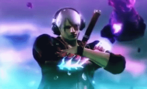 A Man Wearing Headphones Is Holding A Gun In A Video Game GIF