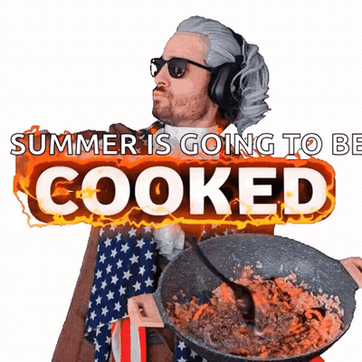 A Man Wearing Headphones Is Holding A Pan Of Food With The Words Summer Is Going To Be Cooked Behind Him GIF