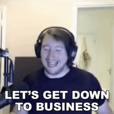 A Man Wearing Headphones Is Laughing And Saying Let 'S Get Down To Business GIF