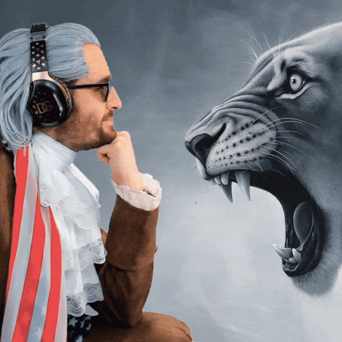 A Man Wearing Headphones Is Looking At A Painting Of A Lion With Its Mouth Open GIF