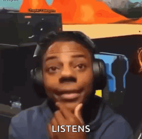 A Man Wearing Headphones Is Making A Funny Face And The Word Listens Is On The Screen . GIF
