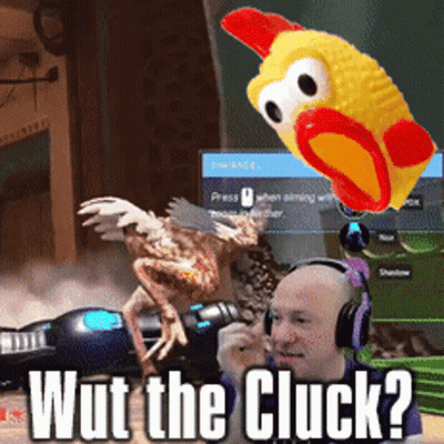 A Man Wearing Headphones Is Playing A Video Game With A Toy Chicken And The Words Wut The Cluck Below Him GIF