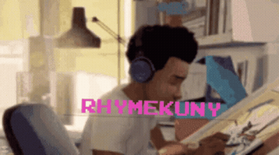 A Man Wearing Headphones Is Reading A Book And The Word Rhymekuny Is On The Screen GIF
