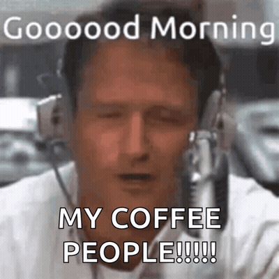 A Man Wearing Headphones Is Saying Good Morning My Coffee People GIF