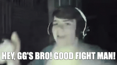 A Man Wearing Headphones Is Saying `` Hey , Gg 'S Bro ! Good Fight Man ! '' . GIF