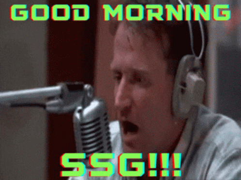 A Man Wearing Headphones Is Screaming Into A Microphone With The Words Good Morning Ssg !!! Above Him GIF