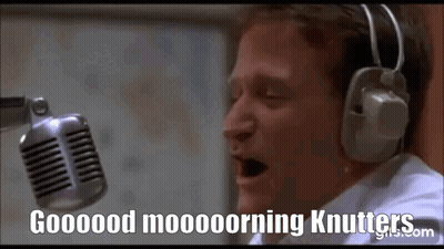 A Man Wearing Headphones Is Singing Into A Microphone And Says Good Morning Knutters . GIF