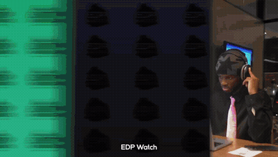 A Man Wearing Headphones Is Sitting In Front Of A Laptop With The Words Edp Watch Written Below Him GIF