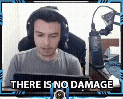 A Man Wearing Headphones Is Sitting In Front Of A Microphone With The Words `` There Is No Damage '' Above Him . GIF