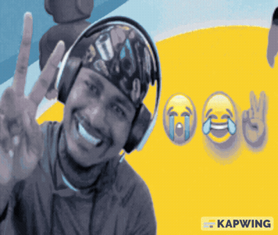 A Man Wearing Headphones Is Smiling And Giving A Peace Sign In Front Of A Yellow Background With Kapwing Written On It GIF