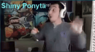 A Man Wearing Headphones Is Standing In Front Of A Screen With The Words `` Shiny Ponytare '' Written On It . GIF