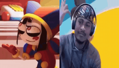 A Man Wearing Headphones Is Standing Next To A Cartoon Character Wearing Sunglasses . GIF